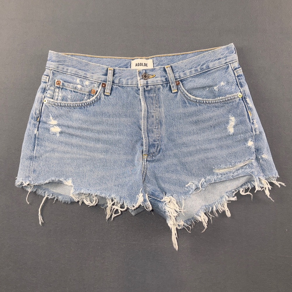 AGOLDE Parker High Rise Distressed Denim Shorts Light Wash Blue A026-811 Size 28